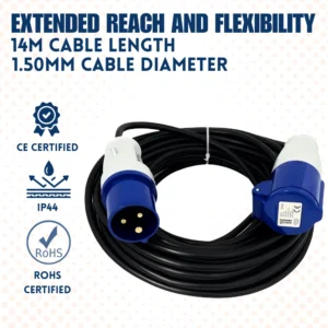 240V Extension Lead 14m 1.5mm Cable 16amp IP44 – (10805b)