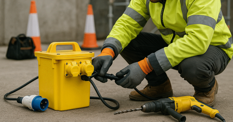 Site worker in safety gear plugging equipment into a portable 110V transformer unit near a power drill